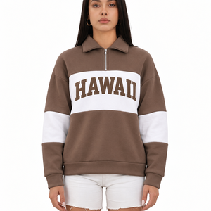 Sweat-shirt OEM pour femme, marron, color block, col zippé quart, épaules tombantes, col rabattu, en polaire, col montant - Product Image 1