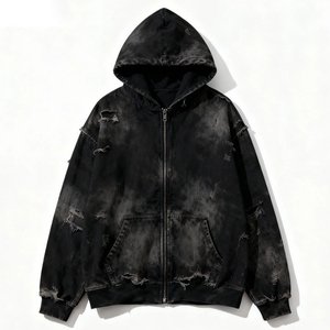 Custom Embroidered Distressed Acid Wash <b>Zip</b>-Up Hoodie Heavyweight 100% Cotton Vintage Washed Oversized Streetwear Men's OEM - Product Image 5
