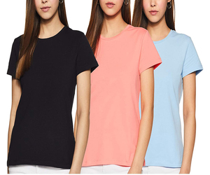 Camiseta de Manga Corta para Mujer, Cuello Redondo, Color Azul Claro, 98% Algodón, Color Sólido, Corte Holgado Informal, Primavera Verano, Jersey con Bordado - Product Image 1