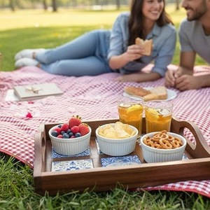 Bandeja de Servir de Madera Hecha a Mano con Incrustaciones de Azulejos de Cerámica Azul, Bandeja Decorativa para Té y Café - Product Image 3