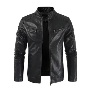 Blouson moto en cuir noir pour homme, col montant, fermeture éclair, coupe ajustée, couleur unie, manches classiques, idéal pour l'automne - Product Image 1