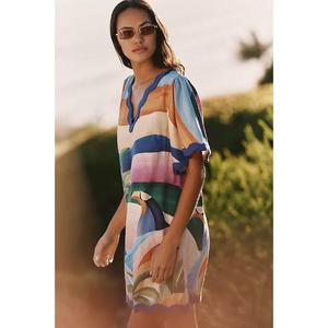 Vestido Midi Hecho a Mano, Ecológico, 100% Algodón Transpirable, con Estampado Floral, Corte Holgado, Mezcla de Lino, Cintura Natural con Volantes, ODM - Product Image 3