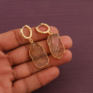 Natural Citrine Rough Hoop Earring Gold Plated - <b>Raw</b> <b>Crystal</b> Boho Dangle Earrings Handmade Jewelry - Product Image 2