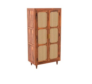 Boho Rattan Door Solid Wood Wardrobe | Mid-Century Cane Armoire with <b>Shelves</b> | Jodhpur Export - Product Image 5