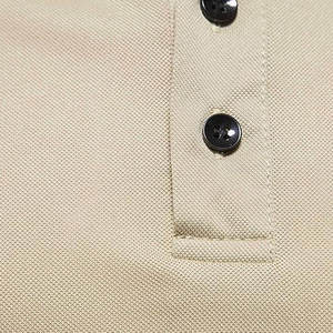 Camiseta de Cuello Alto para Hombre, Manga Corta, Informal, Tejida, Corte Regular, 100% Algodón, Beige con Rayas Marrones y Negras, Logotipo Frontal, Transpirable - Product Image 5