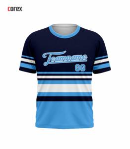Camiseta Corex de Manga Corta para Hombre, Azul Marino con Rayas Azul Claro, con Estampado del Nombre del Equipo, Cuello Redondo, Corte Regular, Estilo Deportivo - Product Image 1