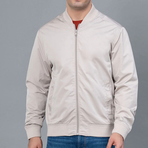 Men's Solid Color Bomber <b>Jacket</b> <b>Zipper</b> Closure Stand Collar Casual Style Autumn Wear 100% Polyester Regular Fit - Product Image 1