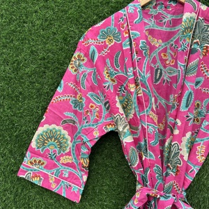 Bata Kimono de Algodón con Estampado Floral Rosa, Manga Larga, Cuello en V, para Mujer, Tallas Grandes, para Playa o Resort, Verano - Product Image 4