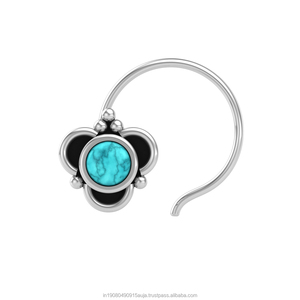 Pendiente de Nariz con Turquesa en Forma Redonda de Plata de Ley 925, Estilo Indio, para Mujeres y Niñas - Product Image 1