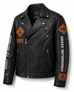 Blouson de moto en cuir noir pour homme Drake Motorworks, style moto, fermeture éclair sur le devant, coupe régulière, coupe-vent, pour l'automne - Product Image 3
