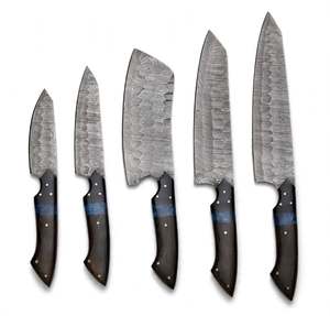 Ensemble de couteaux de cuisine en acier à motifs faits à la main, 5 pièces, manche en bois d'ébène et résine bleue, ensemble de couverts professionnels pour la cuisine - Product Image 3