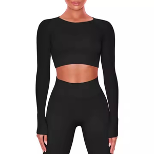 Ensemble de yoga côtelé pour femme, taille haute, manches longues, tenue de sport sans couture, couleur unie, grande taille, imperméable - Product Image 1