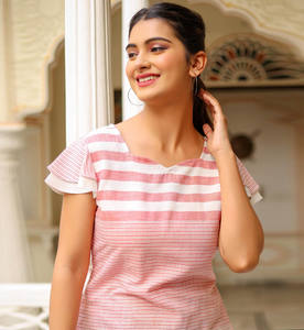 Womens <b>White</b> Viscose Stripe Printed Regular Fit Top With Layered Sleeves And Square Neck Designed <b>For</b> Global Casual Wear - Product Image 1