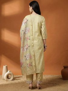 Ensemble Kurta et pantalon en lin brodé de fleurs pour femme, coupe droite, longueur mollet, avec dupatta - Product Image 2