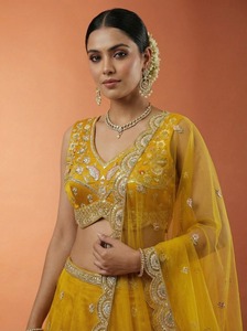 Conjunto de Lehenga Choli Amarillo Bordado con Dupatta, Traje de Fiesta de Boda Semisellado para Mujer - Product Image 2