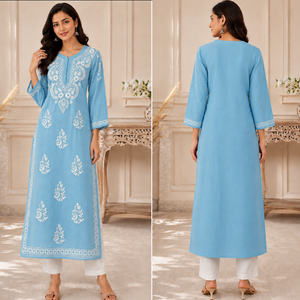 Kurti élégant pour femme en coton bleu ciel brodé à la main style Chikankari, col fleuri ethnique, coupe droite - Product Image 4