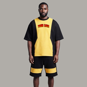 Nuevo conjunto deportivo de hombre, estilo holgado y moderno, con hombros caídos, cuello redondo, manga corta, 100% algodón, 2 piezas, con bloques de color, estilo urbano. - Product Image 4