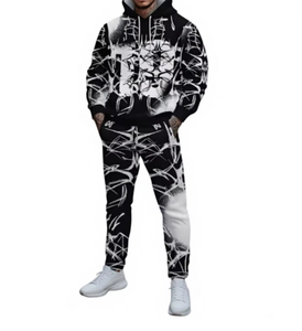 Chándal con estampado geométrico en blanco y negro para hombre, con capucha, cierre con cordón, bolsillos laterales, poliéster, ropa de calle, otoño - Product Image 1