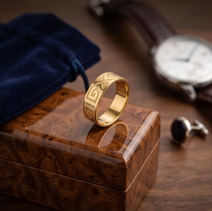 DIVYORO Men's Classic 22k Gold Plated Geometric Scroll <b>Ring</b> <b>Band</b> for Everyday Wear & Religious Occasions - Product Image 4