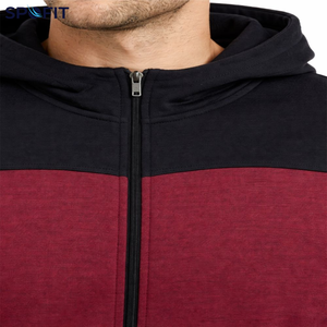 Men's Hooded <b>Zip</b>-Up <b>Sweatshirt</b> Maroon Black Color Block Casual Full Sleeve Autumn Wear With Side Pockets - Product Image 4