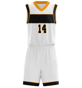 Conjunto de Uniforme de Baloncesto Personalizado, Negro, Dorado y Blanco, Jersey de Malla, Pantalones Cortos, Cuello en V, Sin Mangas, Número 22 Sublimado, Ropa Deportiva - Product Image 5
