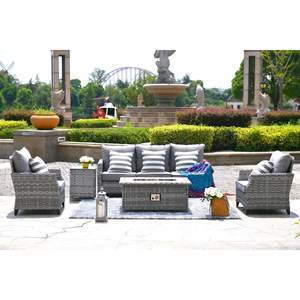 Gray Wicker Outdoor Furniture Set Garden Conversation Sofa with <b>Firepit</b> <b>Table</b> Model D0100H784H2 for Outdoor Entertaining - Product Image 2