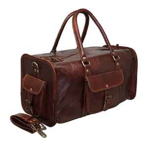 Sac de voyage en cuir marron grande capacité avec fermeture éclair, classique, pour week-end, unisexe, poignée souple, doublure en polyester - Product Image 6