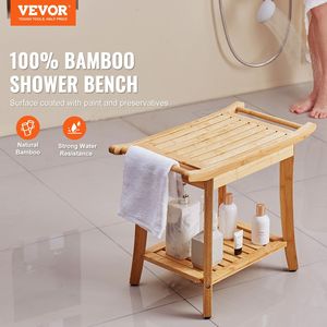 Sgabello da Doccia in Bambù Impermeabile 61 x 35 x 48 cm, Sedia da Bagno Spa con Capacità di Carico di 136 kg e Ripiano Portaoggetti, Maniglia Inclusa - Product Image 2