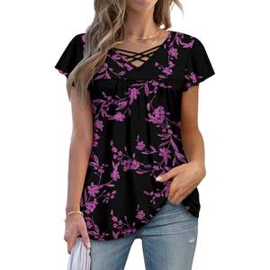 2025 femmes été tunique hauts col en v Blouses à manches courtes coupe ample noir et violet taille L dames hauts en tricot - Product Image 4