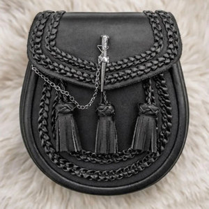 Top Sell Black Leather Scottish Kilt Sporran Traditional Braided Sporran With 3 Tassels with <b>Chain</b> <b>Belt</b> Strap - Product Image 3