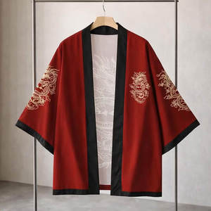 Men's <b>Red</b> Chinese Style Sporty Double Breasted Casual <b>Shirt</b> Dragon Print Full Sleeve Cotton/Bamboo Fiber Collarless Autumn Wear - Product Image 1
