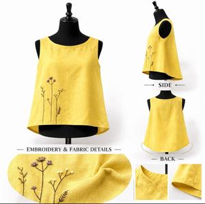 Fabricant OEM ODM, Blouse sans manches pour femme en mélange coton-lin, style vintage, couleur unie, brodée, été, sur mesure - Product Image 6