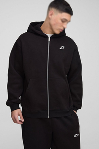 Survêtement Homme Noir Uni en Molleton de Coton Épais Décontracté avec Fermeture Éclair Intégrale, Deux Pièces, Capuche et Poche Avant, Logo Personnalisé, Fabricant OEM en Gros - Product Image 3