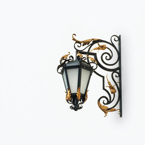 Traditional <b>Iron</b> Design Wall Lamp Gold Accents Glass Shade E26 Bulb Base Outdoor LED Lighting Custom Base 3500K Warm - Product Image 1