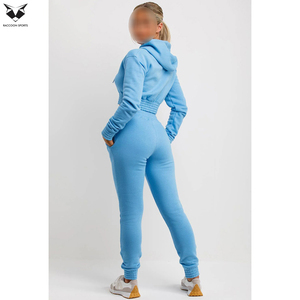 Ensemble de survêtement pour femme, avec veste courte à capuche zippée et pantalon de jogging, couleur bleu ciel, vêtements de sport pour femme, ensemble de survêtement court. - Product Image 3