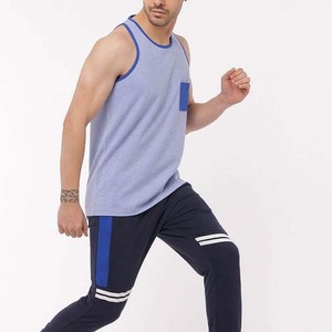 Men's Sleeveless Tank <b>Top</b> O-Neck Solid Color Knitted Cotton Casual <b>Vest</b> With Pocket <b>Blue</b> - Product Image 4