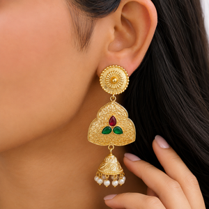 ARTS JEWELS Antique Gold Plated Oxidized Silver Ethnic Jhumka Dangle Earrings Bezel Setting Red Green Synthetic Stones Women - Product Image 2