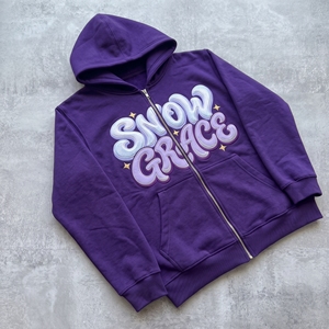 Sweat à capuche Snow Grace violet avec fermeture éclair, imprimé en relief, en polaire, décontracté, unisexe, pour l'hiver - Product Image 6
