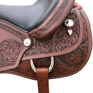 Selle de cheval en cuir western de luxe, faite à la main |   Équipement d'équitation de qualité supérieure pour la course de barils et la pratique équestre sur sentier, avec ornements floraux sculptés - Product Image 4