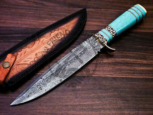 มีดล่าสัตว์เหล็กดามัสกัสแบบกำหนดเองรุ่นใหม่ล่าสุด ขนาด 13 นิ้ว พร้อมด้ามทองเหลือง คมกริบ ใบมีดคงที่ แบบโบวี่ มีดเอาตัวรอด - Product Image 5