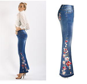 Pantalones Vaqueros de Mujer de Alta Calidad, Estilo Retro, Cintura Alta, Elásticos, Rotos, con Bordado Floral y Corte Acampanado - Product Image 5
