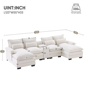 Nuovo Divano a U Moderno da Interno 123*55 Pollici, Simmetrico, 6 Posti Imbottiti con Chaise Longue, Portabicchieri e Porte USB, Video Disponibile - Product Image 3