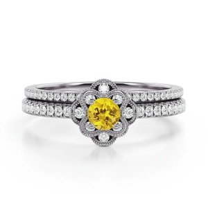 ชุดแหวนอัญมณีลายดอกไม้แซฟไฟร์สีเหลืองสำหรับปลูกในห้องปฏิบัติการชุดง่ามแบบสองแถวทำด้วยมือ - Product Image 1