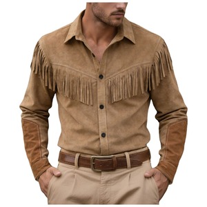เสื้อเชิ้ตคาวบอยสไตล์วินเทจ แขนยาว แต่งชายหนังสีน้ำตาล สำหรับผู้ชาย ปกคอเสื้อพับได้ ติดกระดุม ลำลอง - Product Image 2