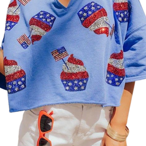 Ensemble short et haut décontracté d'été pour la Fête Nationale du 4 juillet, manches longues, avec broderie de sequins motif Cupcake, 100% coton - Product Image 3