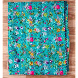 Couvre-lit Kantha indien fait main, 100% coton, imprimé à la main, motif floral, poids du tissu 220g, origine Rajasthan - Product Image 6