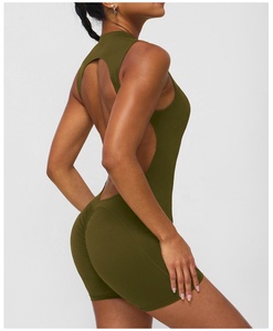 Women Solid Color High Waist Seamless Bodysuit Sleeveless Stand Neck Yoga Set Olive Green by AMAZING INDUSTRIES - Product Image 3