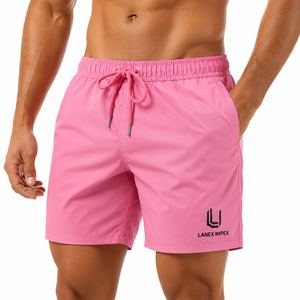 Shorts de bain pour homme personnalisés, rose, à séchage rapide, avec taille élastique et cordon de serrage |   Shorts de plage légers avec poches |   OEM ODM - Product Image 2