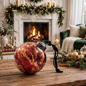 Ornement de Noël vintage en verre rouge et or, rustique, rond, texturé, à suspendre, décoration d'arbre d'intérieur - Product Image 1