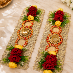 Pink Lotus Floral Diya Decoration Pair Handmade Gold Patti Pearl Wedding <b>Mandir</b> Pooja Festival Home Decor Gift Item - Product Image 4